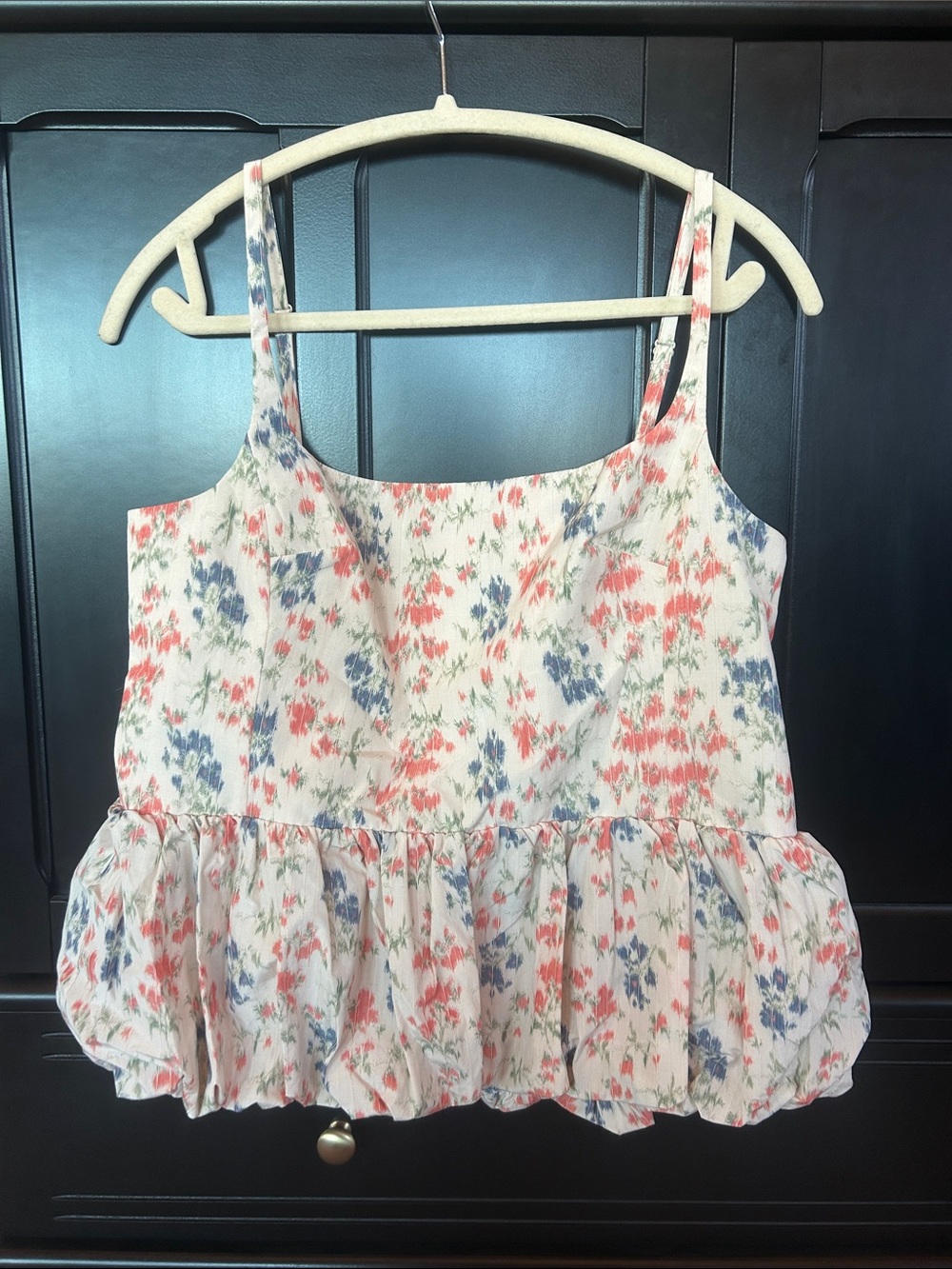 Rebecca Taylor Cream Floral Ruffle Tank with Coral and Blue Blossoms